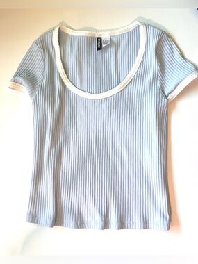 Divided Light Blue Ribbed Scoop ribbed Neck babyTee with White Trim large